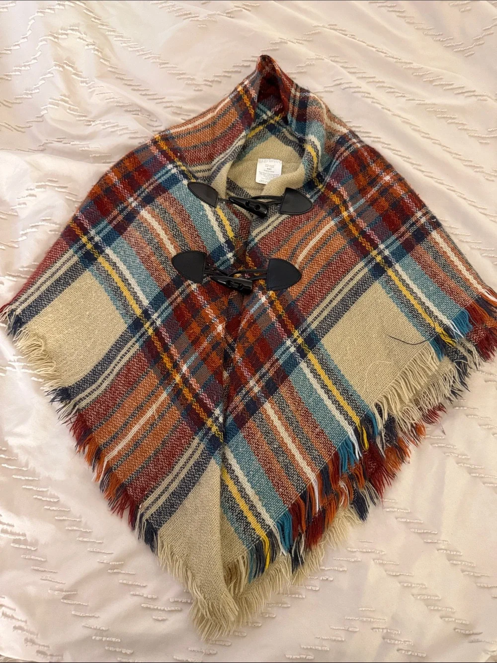 Plaid Toggle Poncho in Rust, Teal & Cream